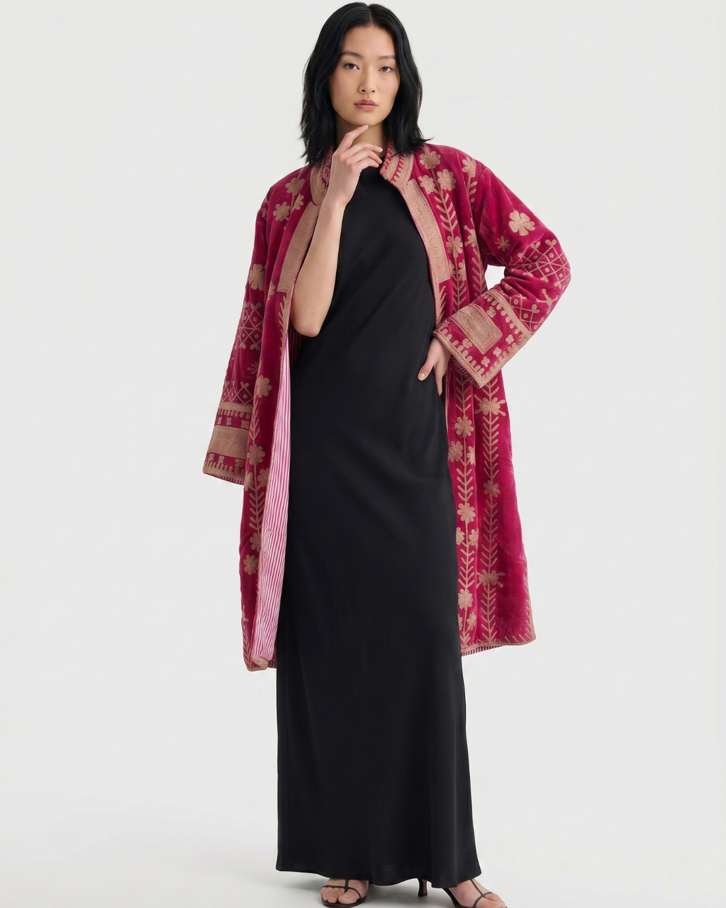 Magenta Geometric Floral Velvet Suzani Coat