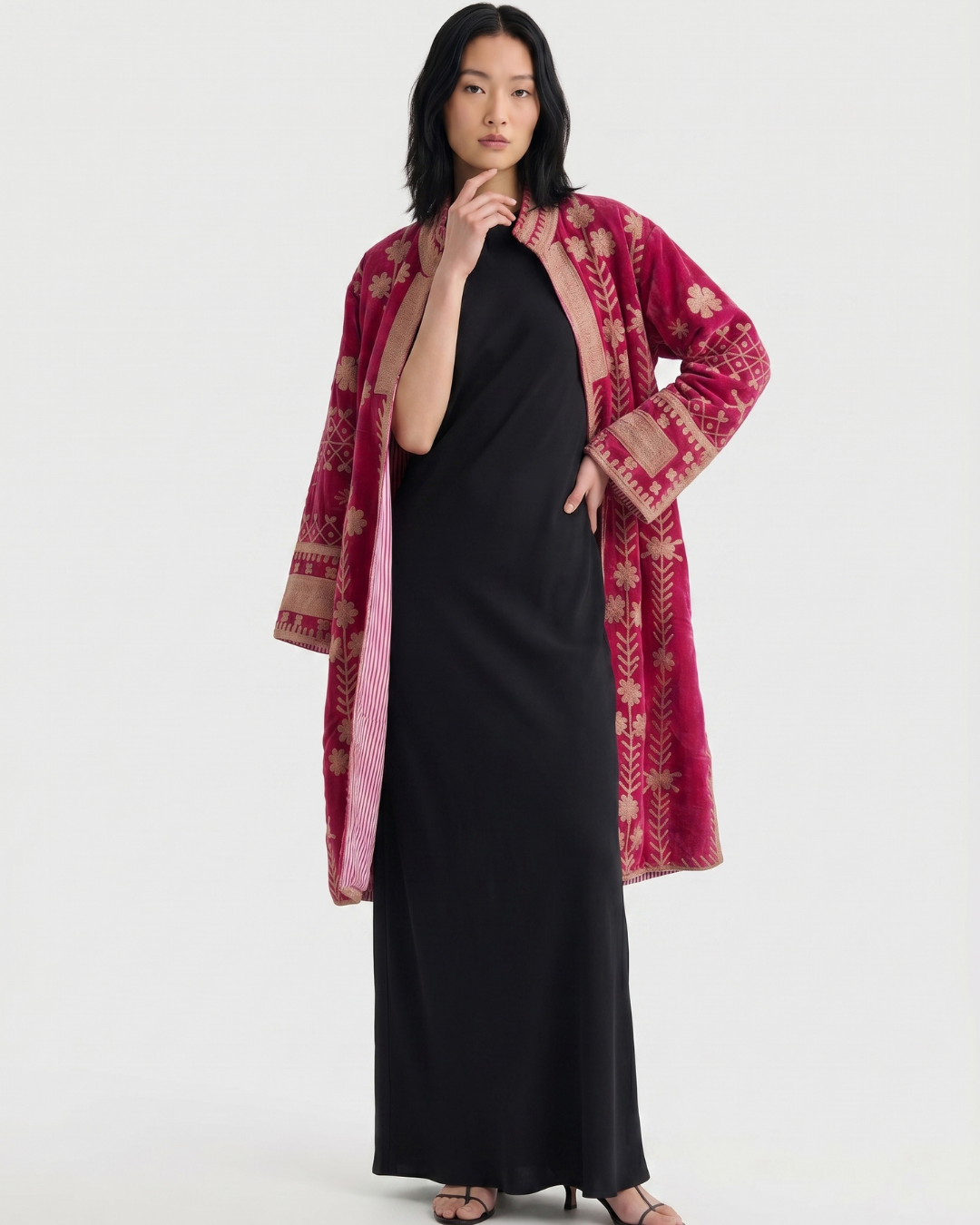 Magenta Geometric Floral Velvet Suzani Coat