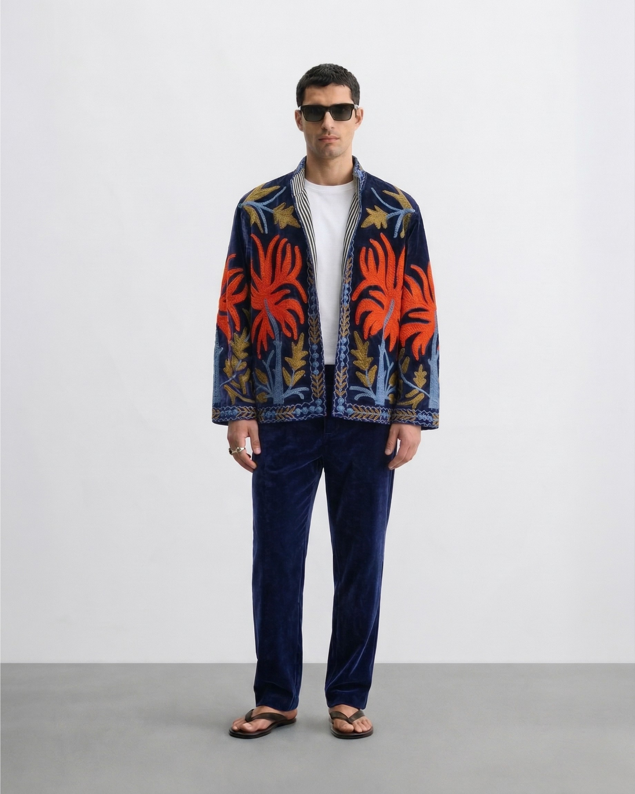 Navy Flame Frond Velvet Suzani Jacket
