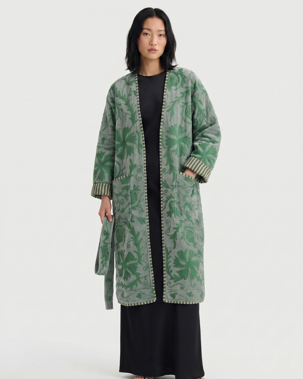 Sage Botanical Velvet Suzani Coat