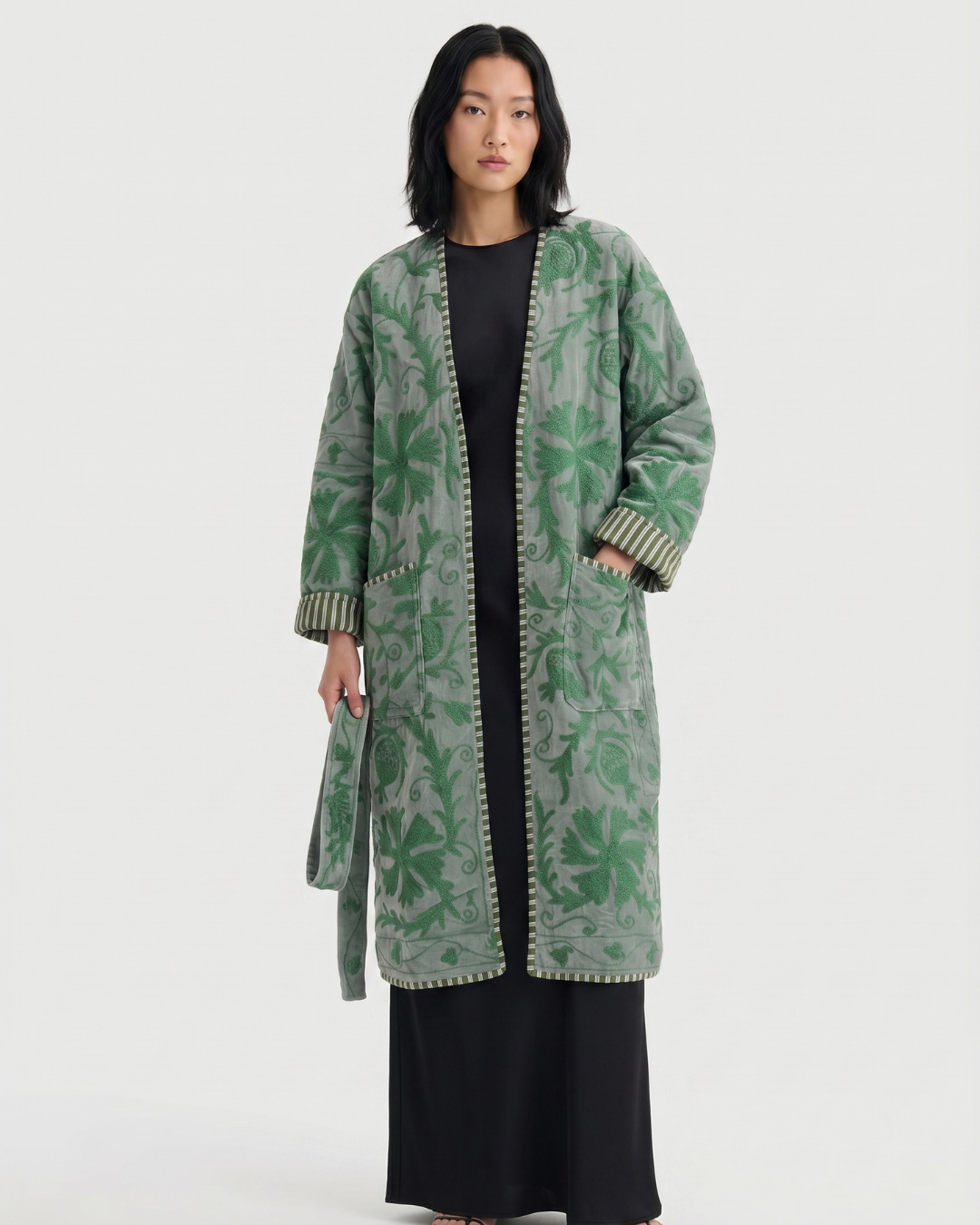 Sage Botanical Velvet Suzani Coat