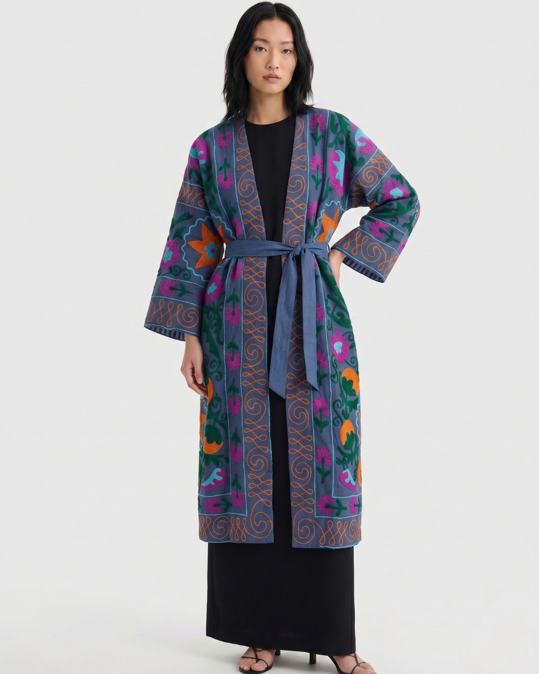 Blue Floral Scroll Velvet Suzani Coat