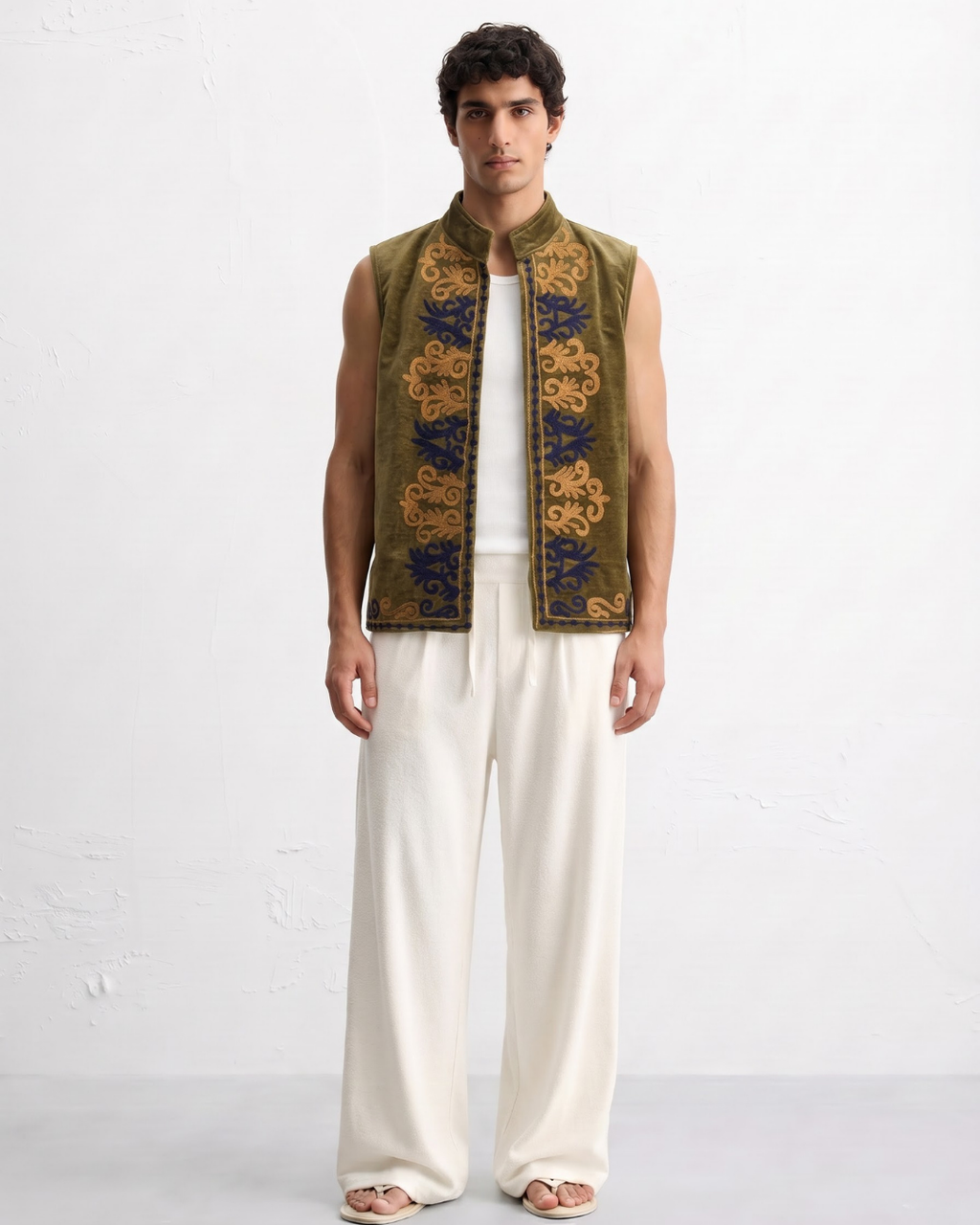 Olive Velvet Scroll Suzani Vest