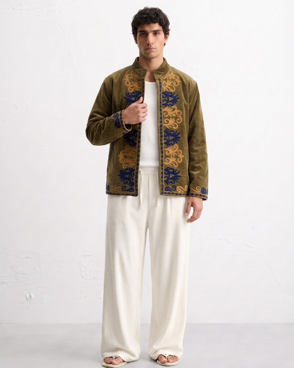 Olive Velvet Scroll Suzani Jacket