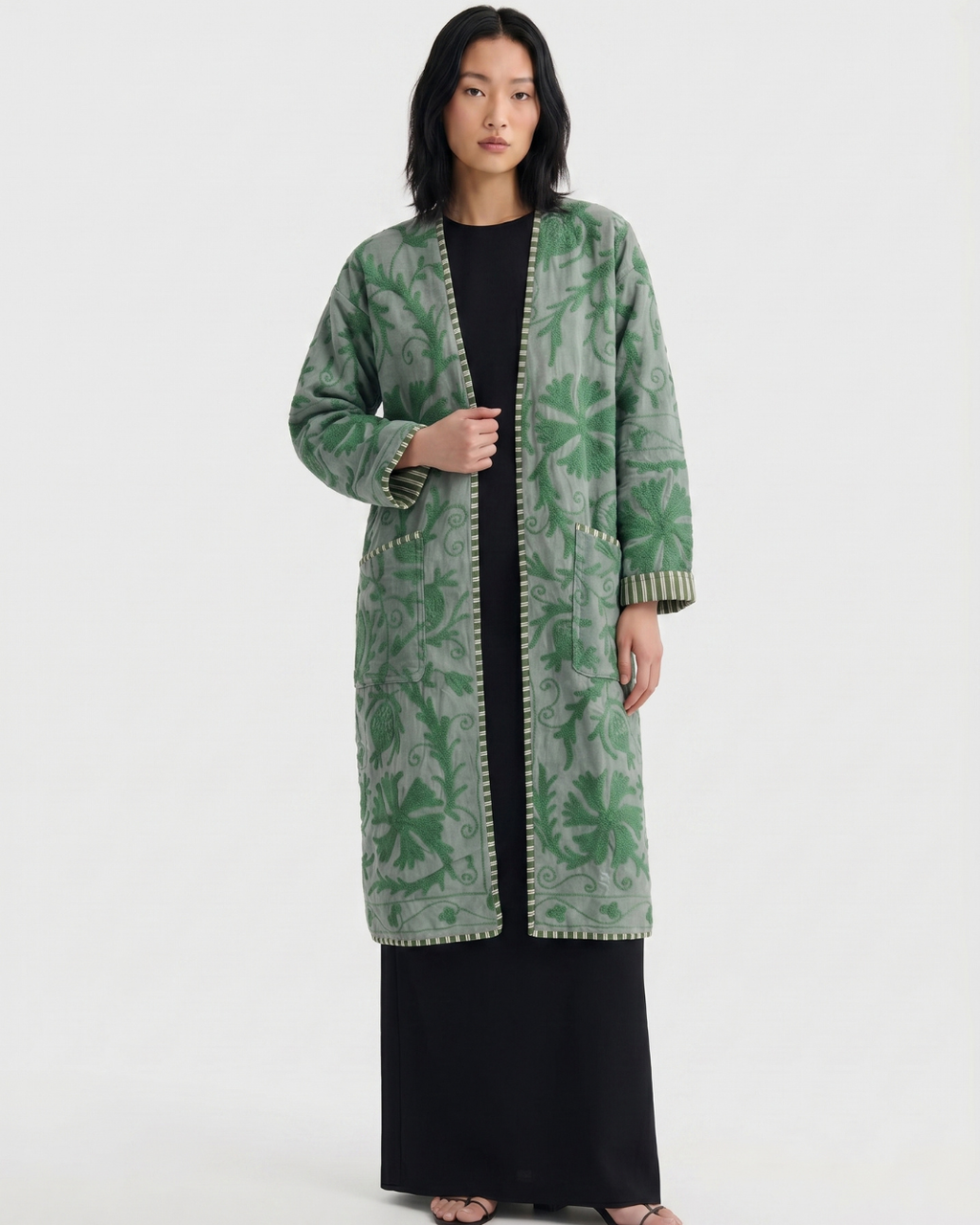 Sage Botanical Velvet Suzani Coat