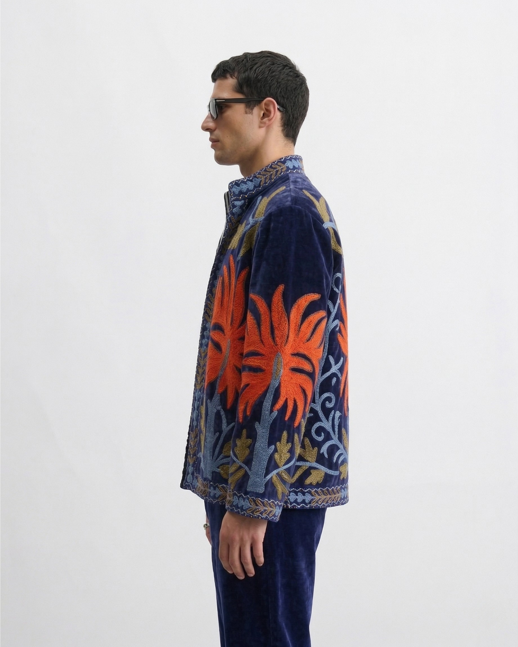 Navy Flame Frond Velvet Suzani Jacket