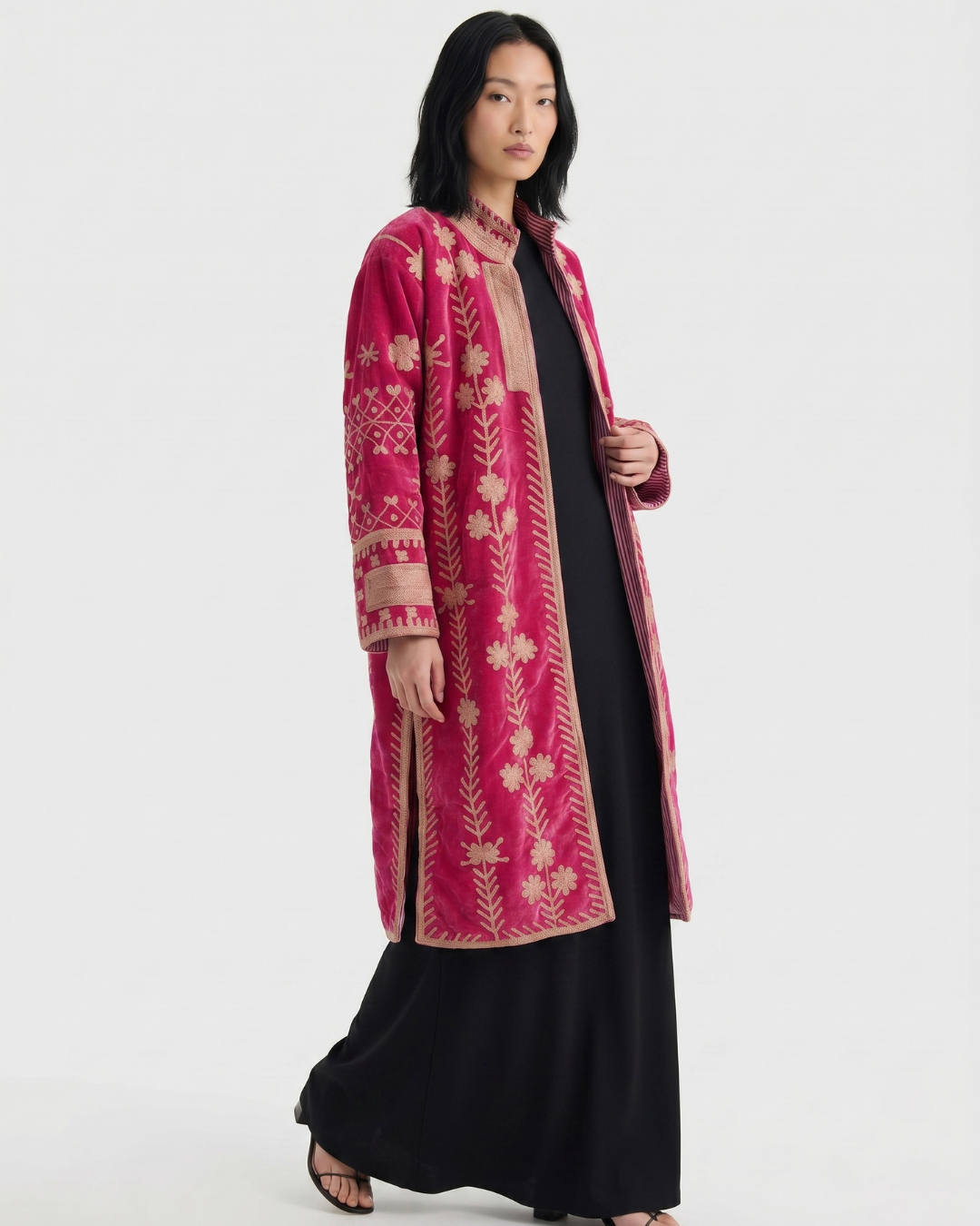Magenta Geometric Floral Velvet Suzani Coat