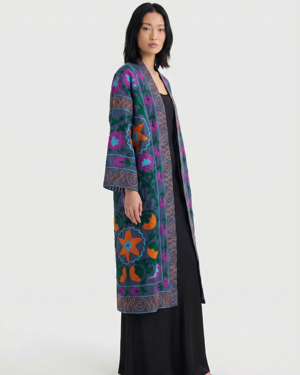 Blue Floral Scroll Velvet Suzani Coat