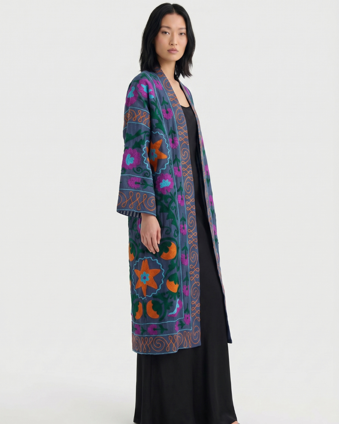 Blue Floral Scroll Velvet Suzani Coat