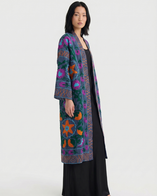 Blue Floral Scroll Velvet Suzani Coat