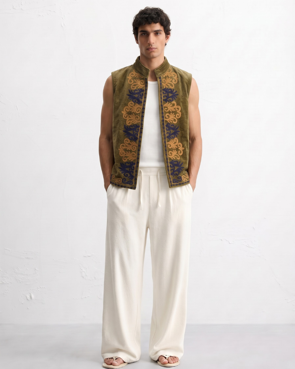 Olive Velvet Scroll Suzani Vest