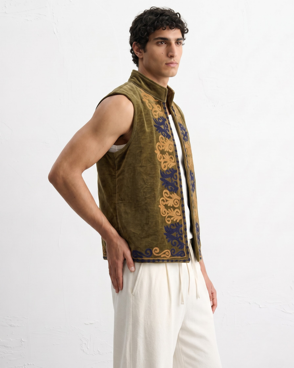 Olive Velvet Scroll Suzani Vest