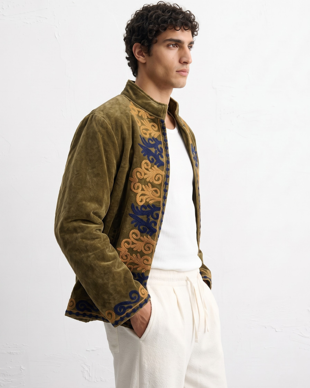 Olive Velvet Scroll Suzani Jacket