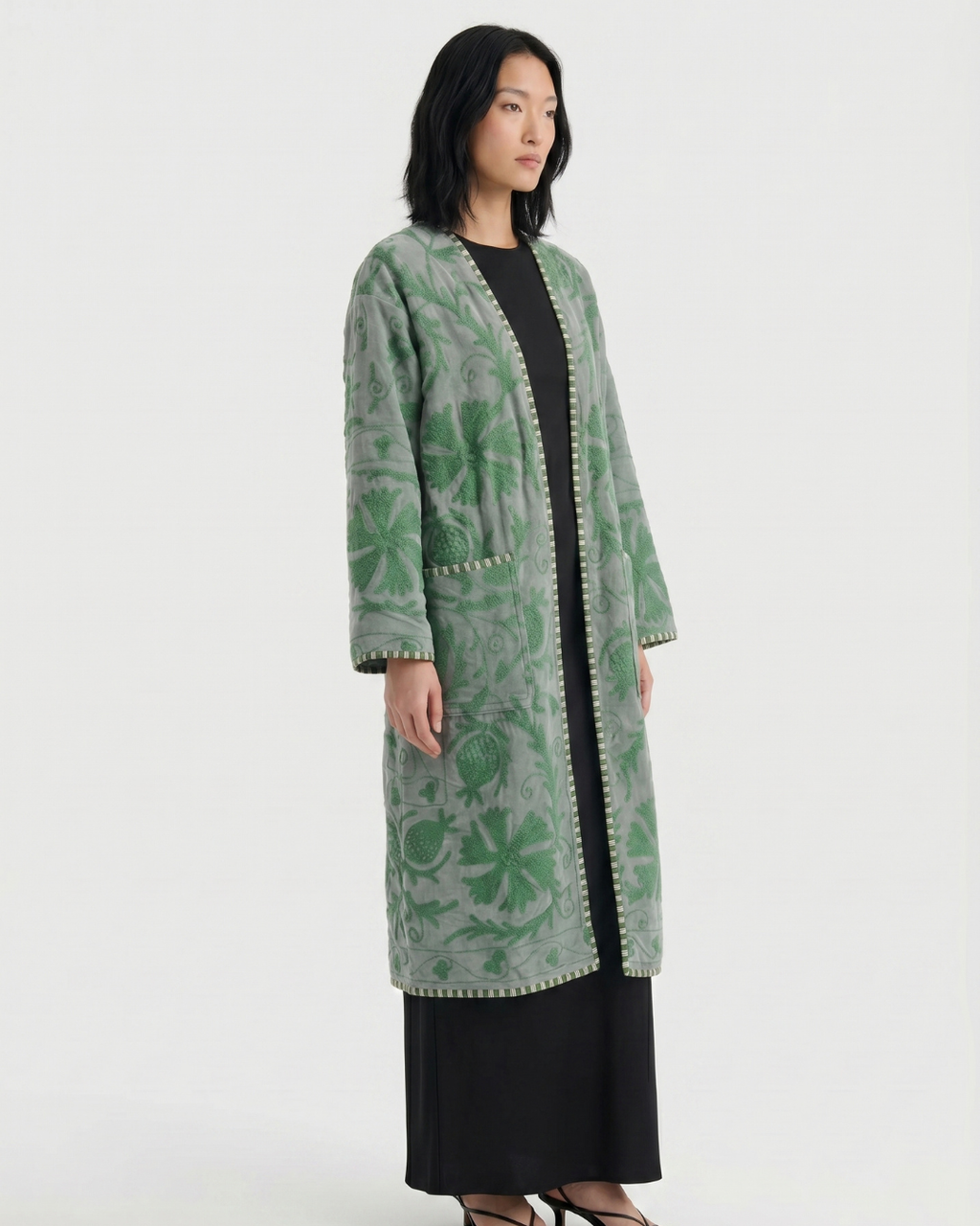Sage Botanical Velvet Suzani Coat