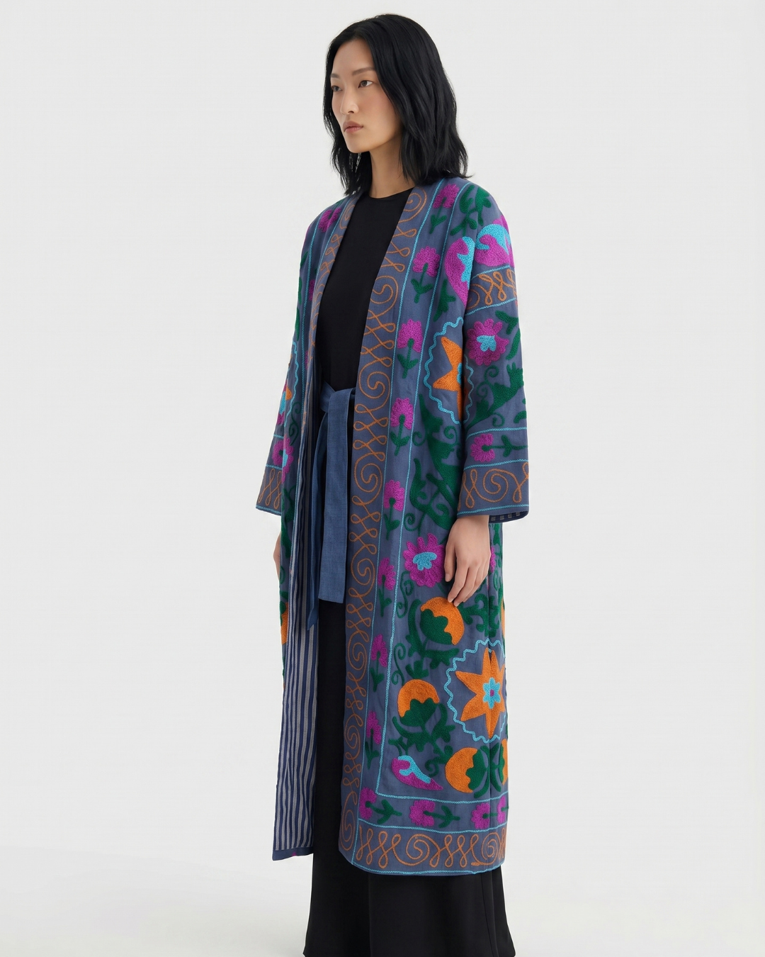 Blue Floral Scroll Velvet Suzani Coat