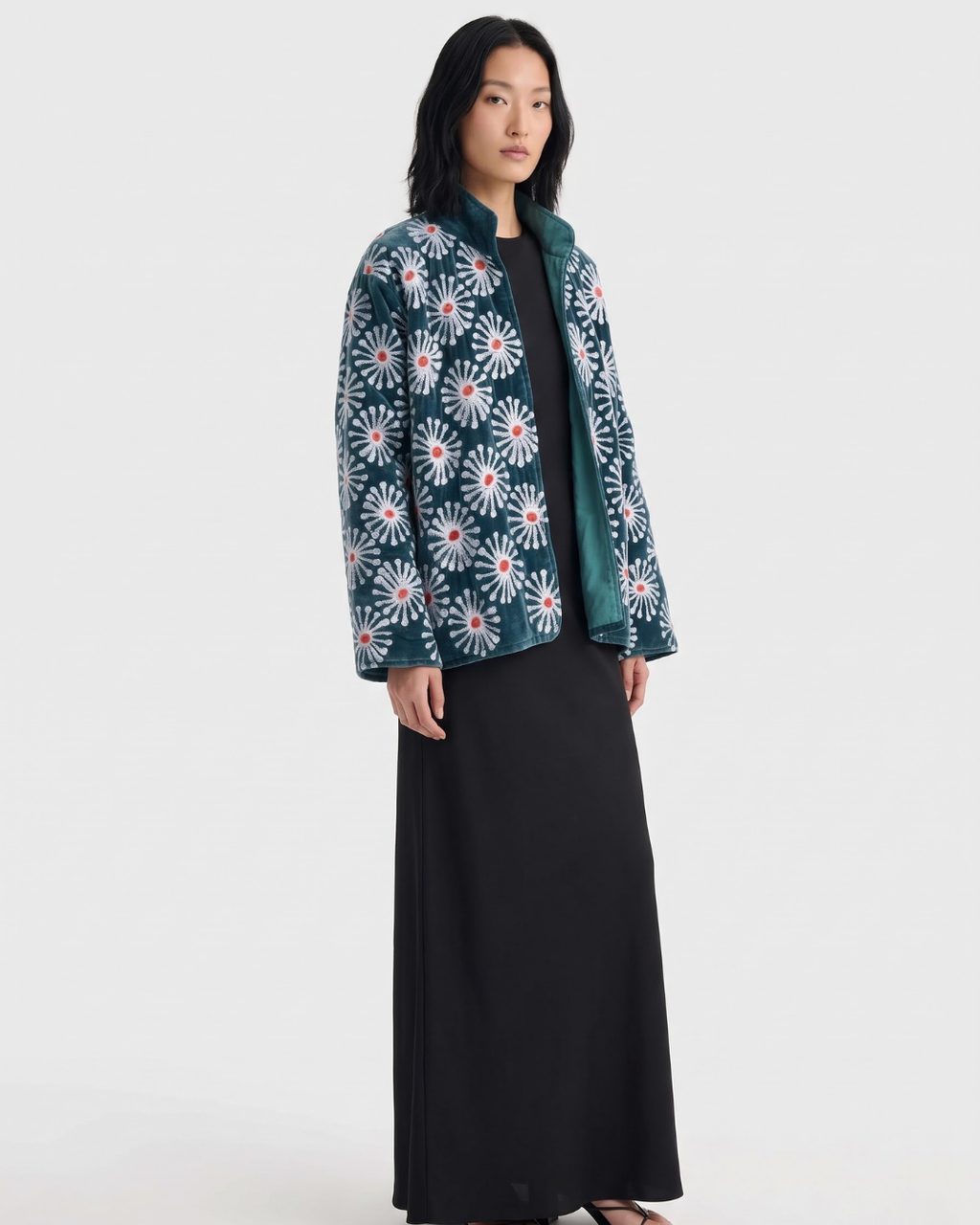 Teal Sunburst Daisy Velvet Suzani Jacket