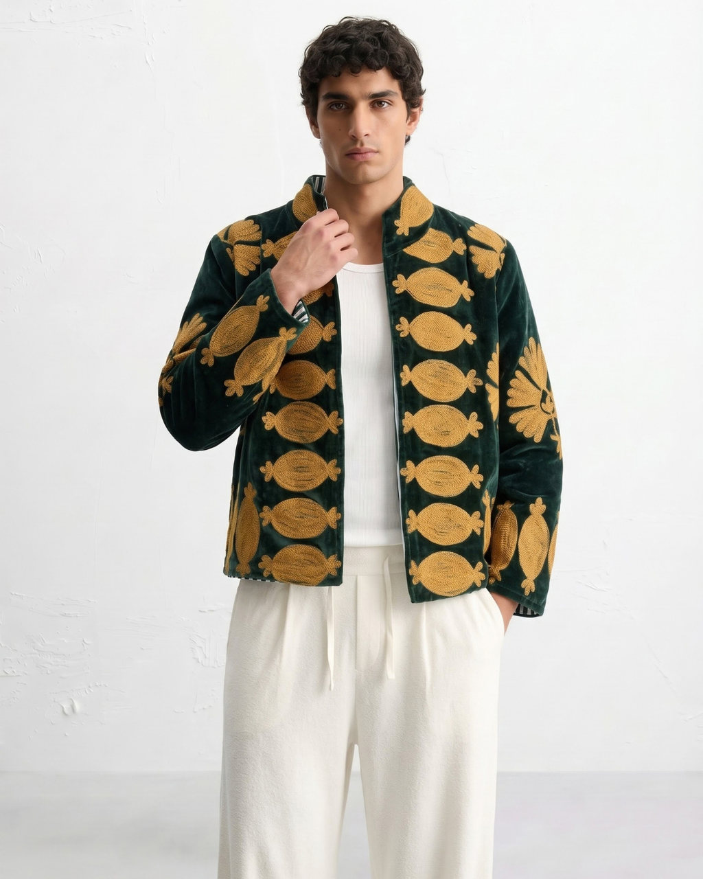Forest Green Pomegranate Velvet Suzani Jacket