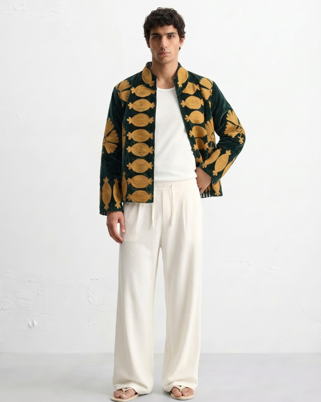 Forest Green Pomegranate Velvet Suzani Jacket