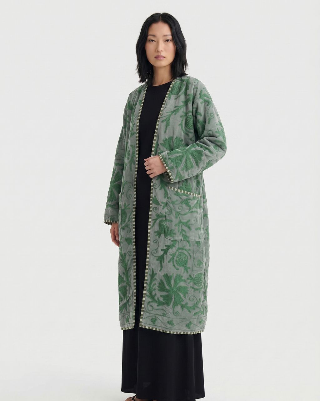 Sage Botanical Velvet Suzani Coat
