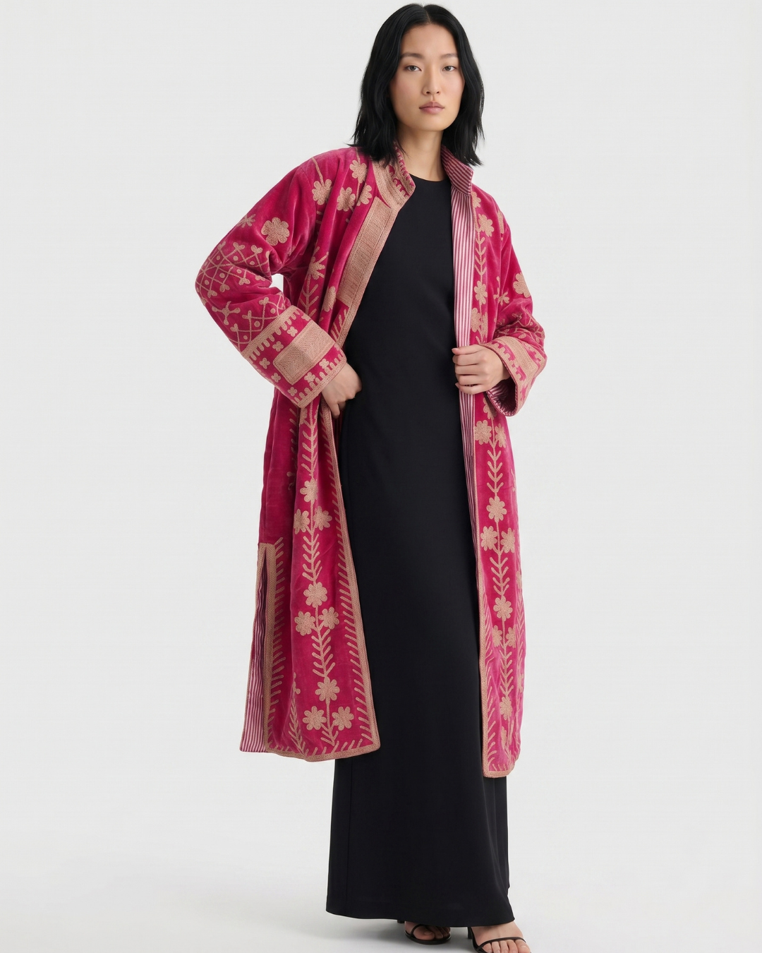 Magenta Geometric Floral Velvet Suzani Coat