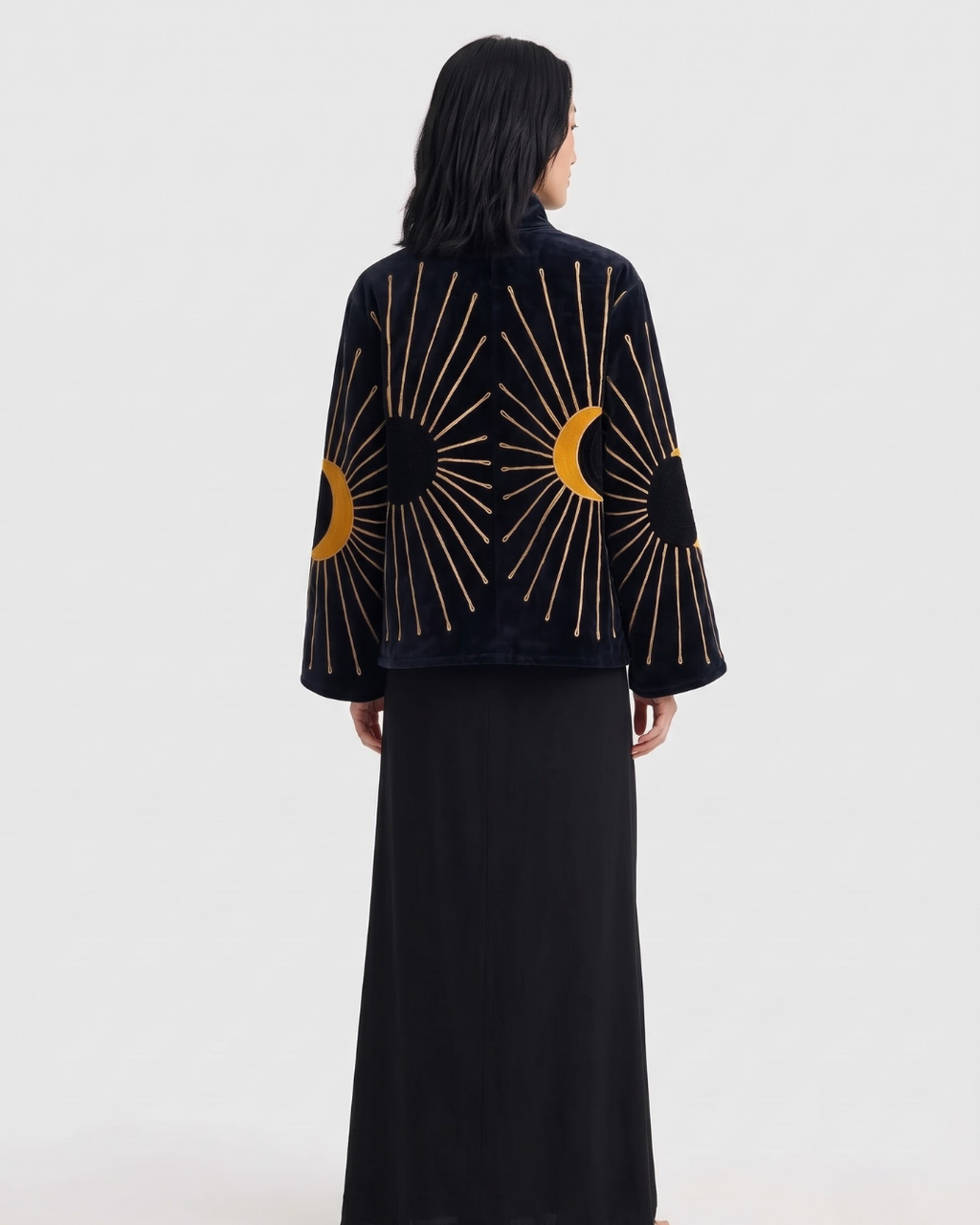 Black Crescent Sun Velvet Suzani Jacket
