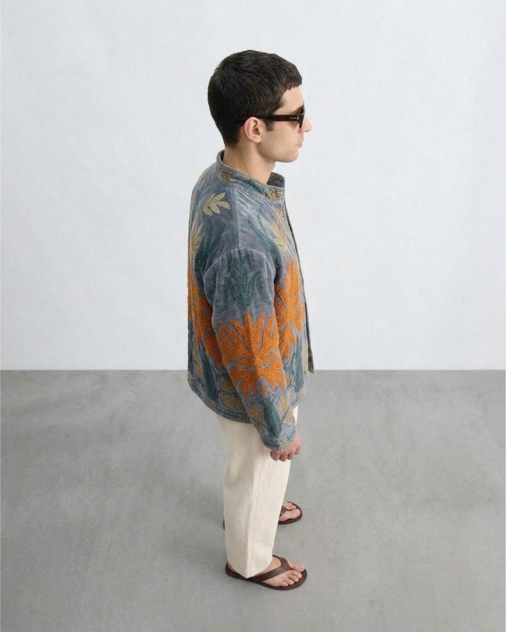 Grey Tropical Leaf Velvet Suzani Jacket