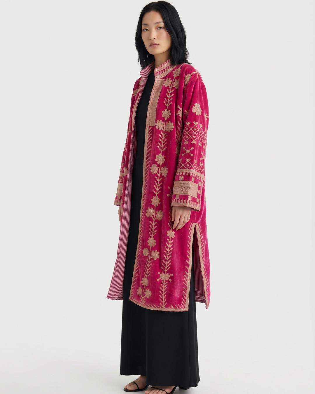 Magenta Geometric Floral Velvet Suzani Coat
