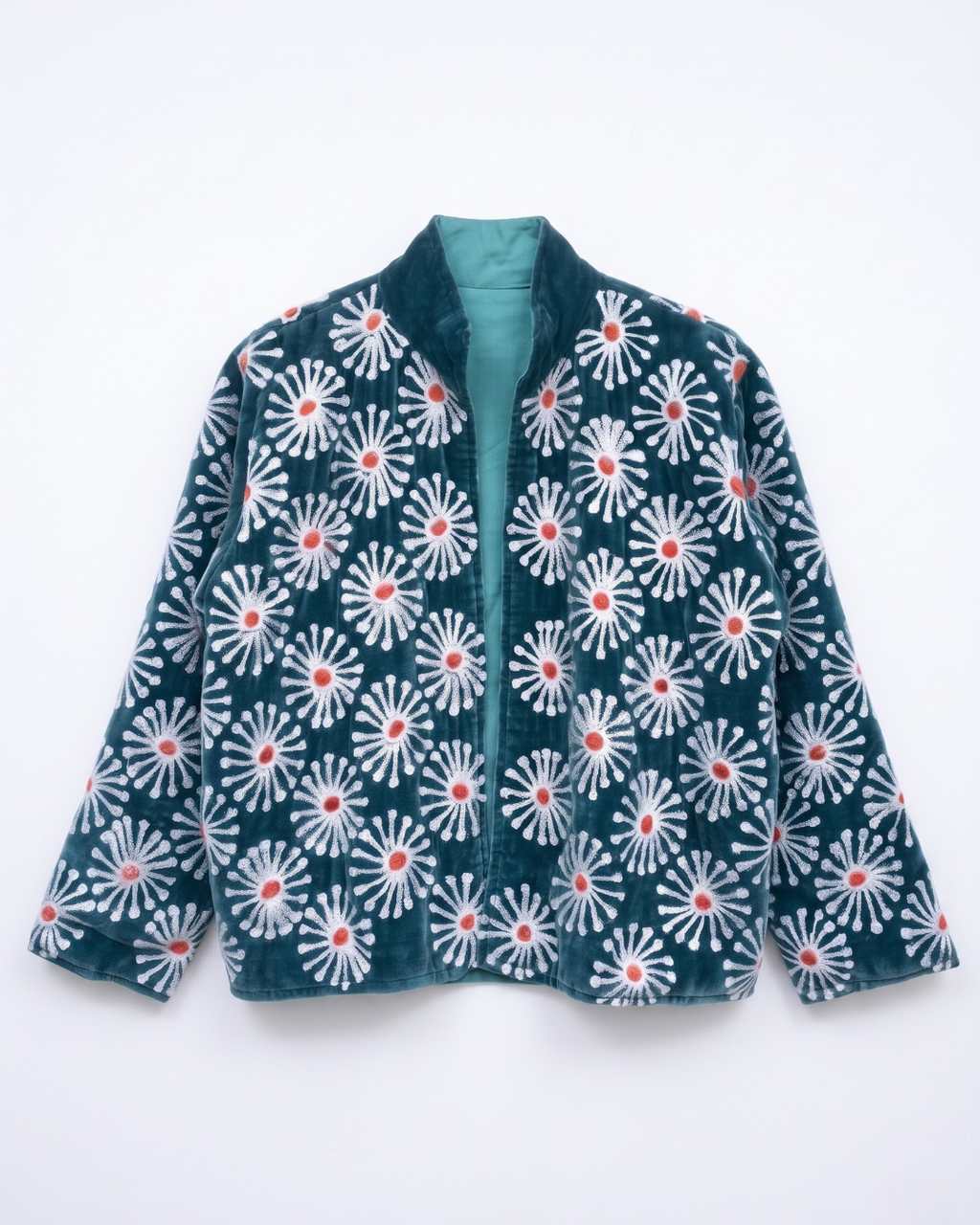 Teal Sunburst Daisy Velvet Suzani Jacket