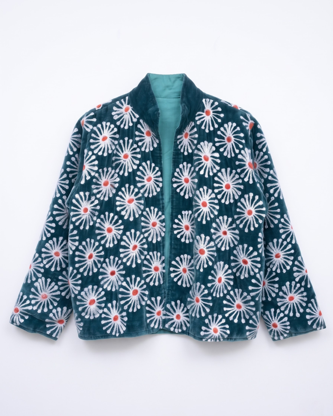 Teal Sunburst Daisy Velvet Suzani Jacket