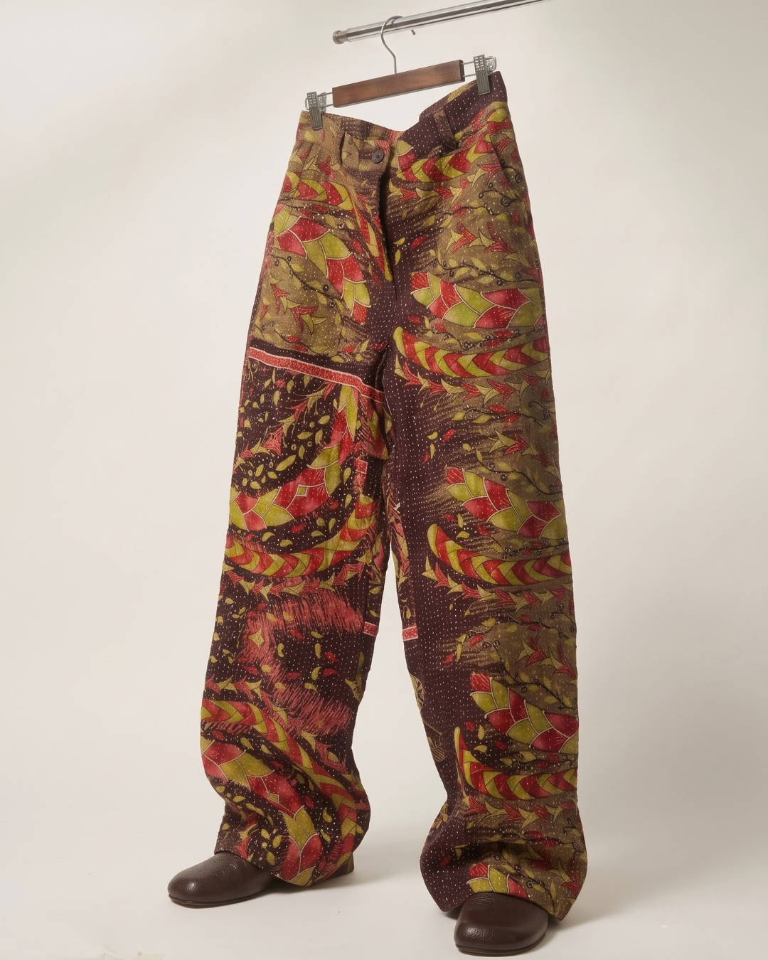 Burgundy Lotus Kantha Quilted Trousers