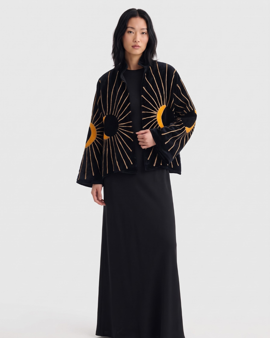 Black Crescent Sun Velvet Suzani Jacket