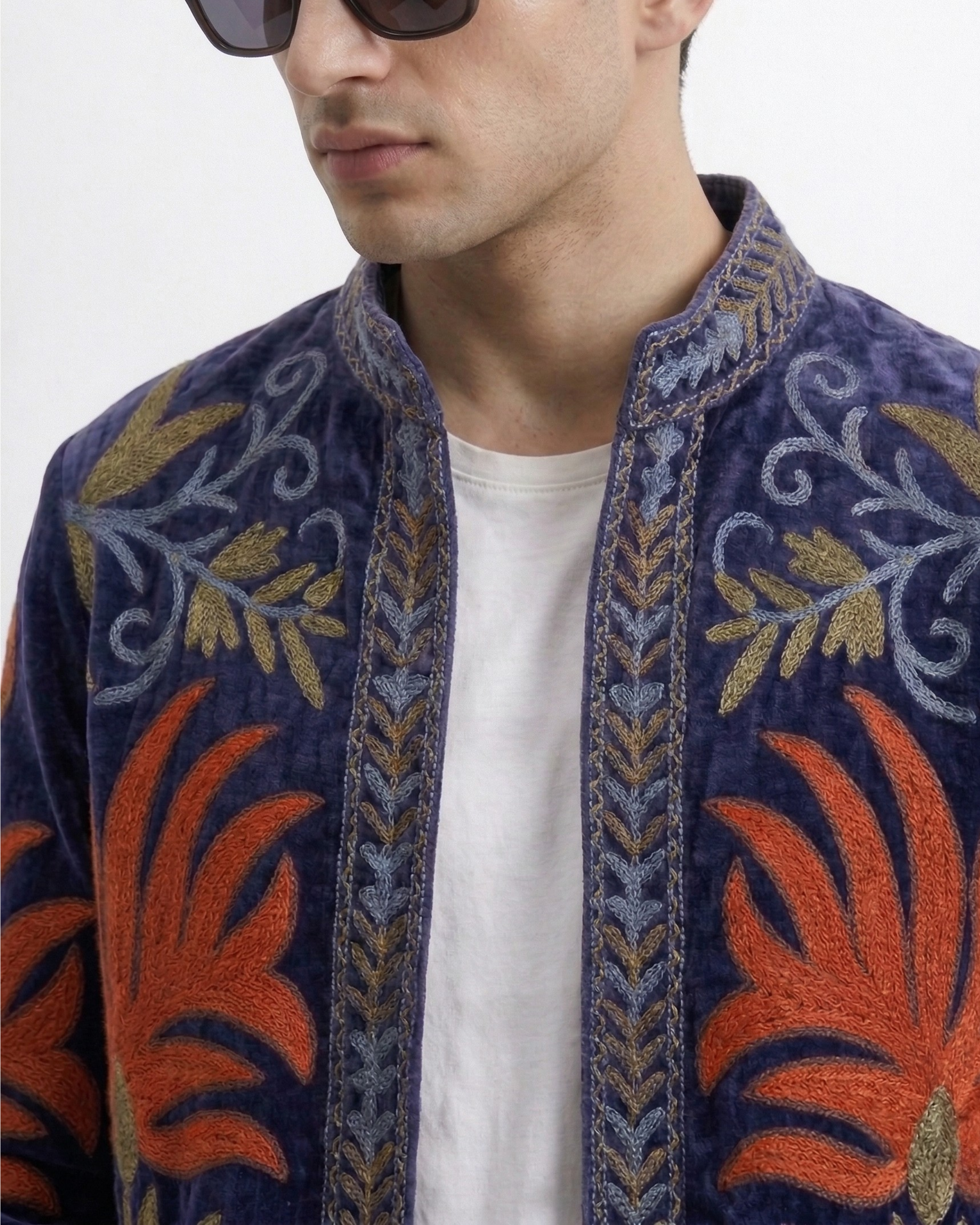 Navy Flame Frond Velvet Suzani Jacket