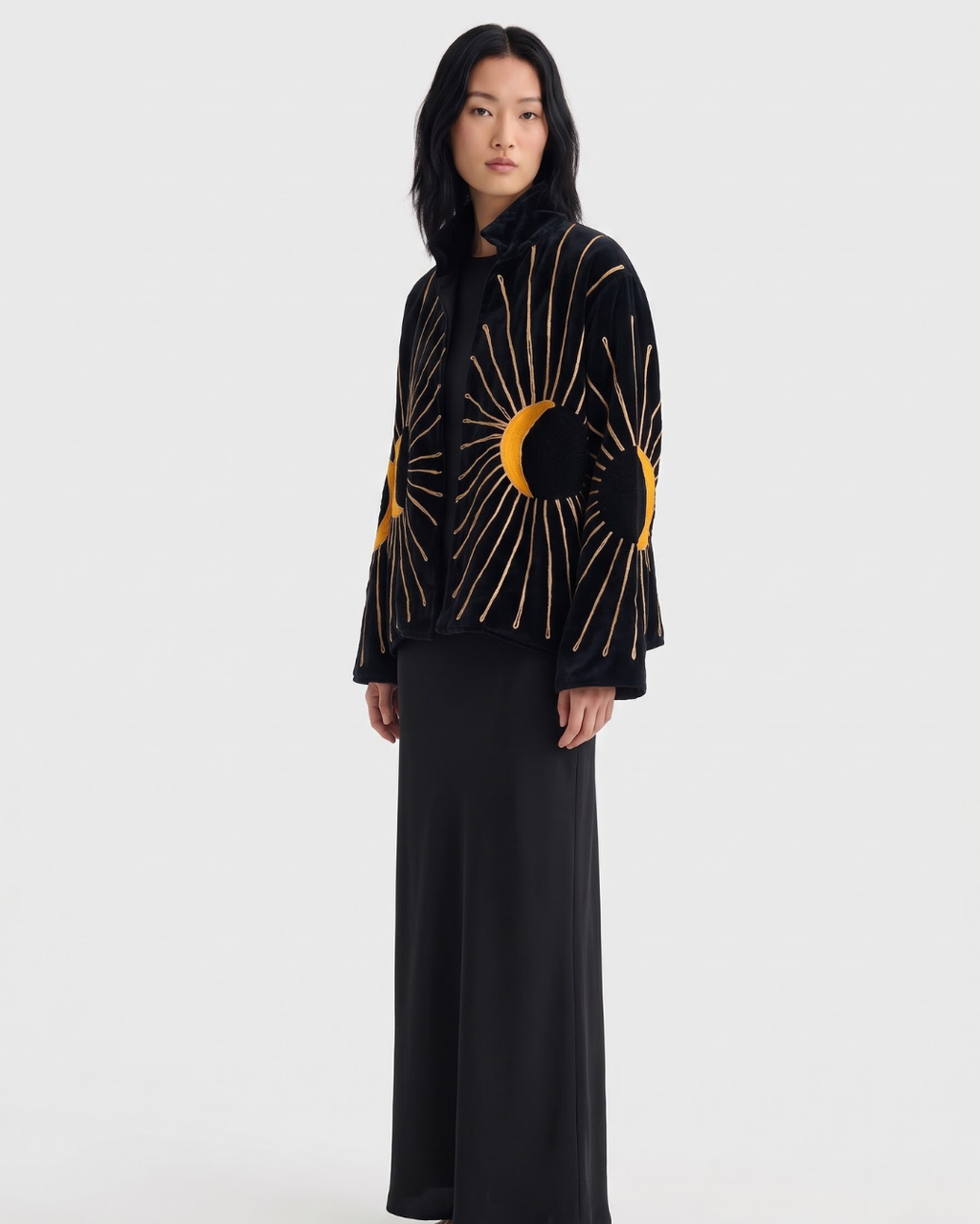 Black Crescent Sun Velvet Suzani Jacket