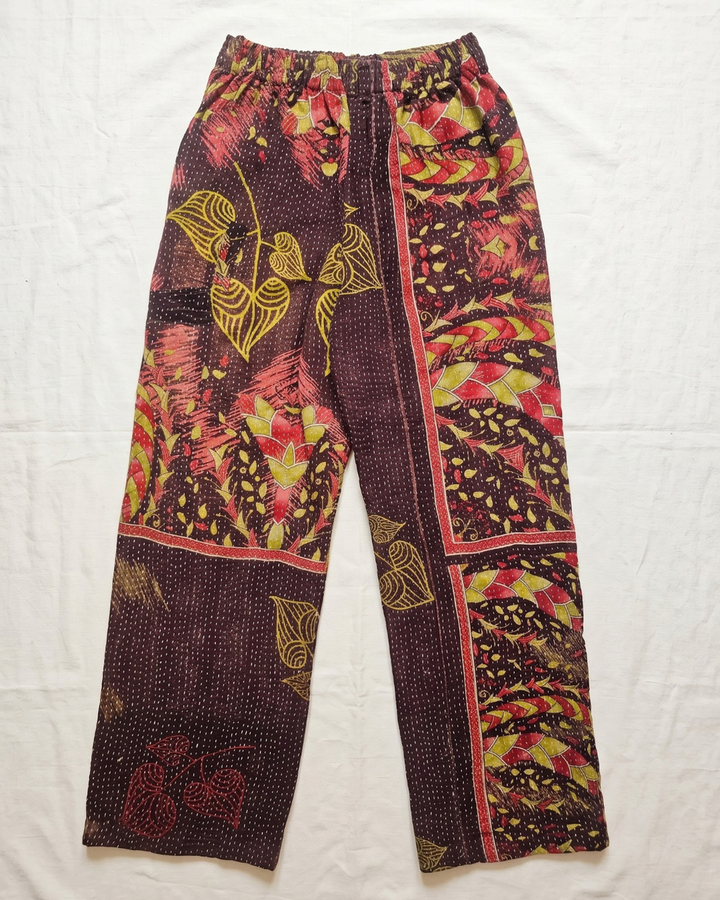 Burgundy Lotus Kantha Quilted Trousers