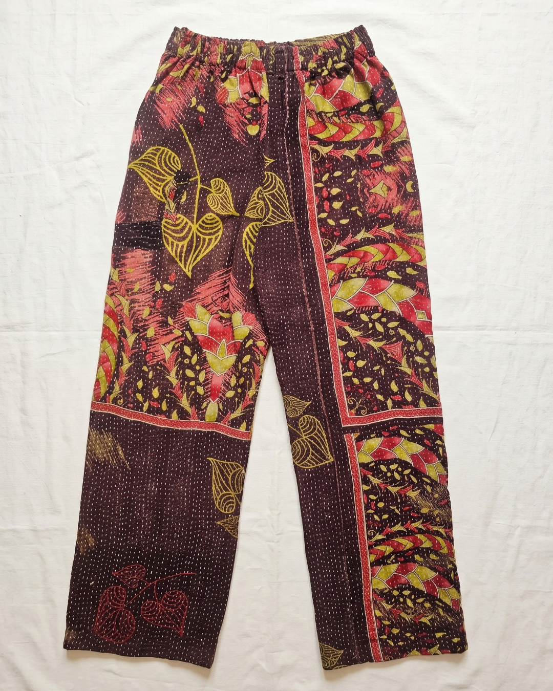 Burgundy Lotus Kantha Quilted Trousers