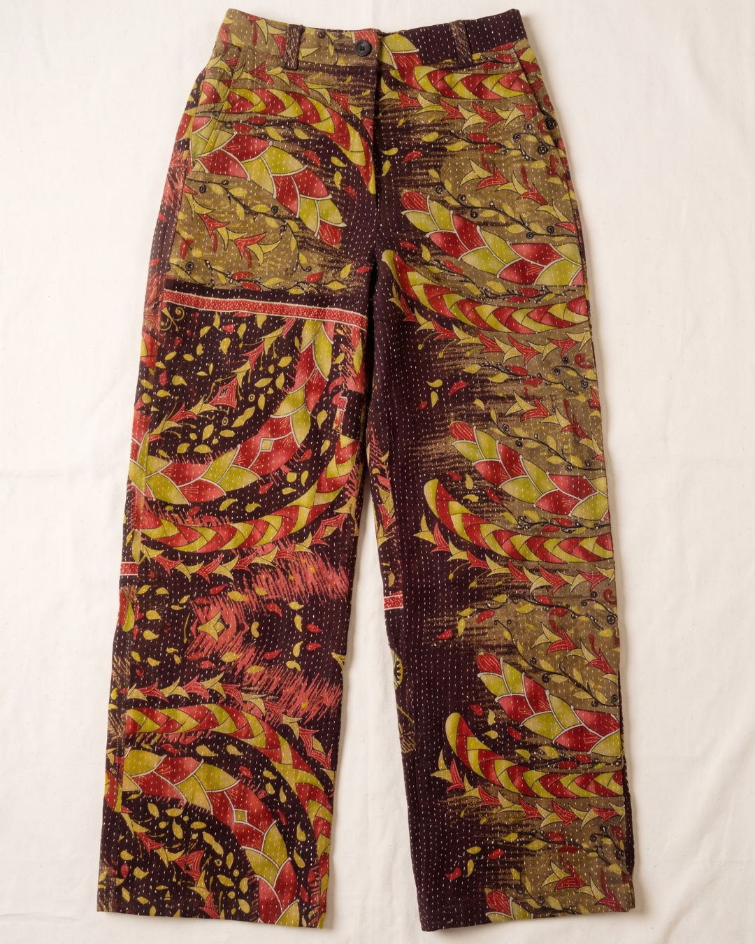 Burgundy Lotus Kantha Quilted Trousers
