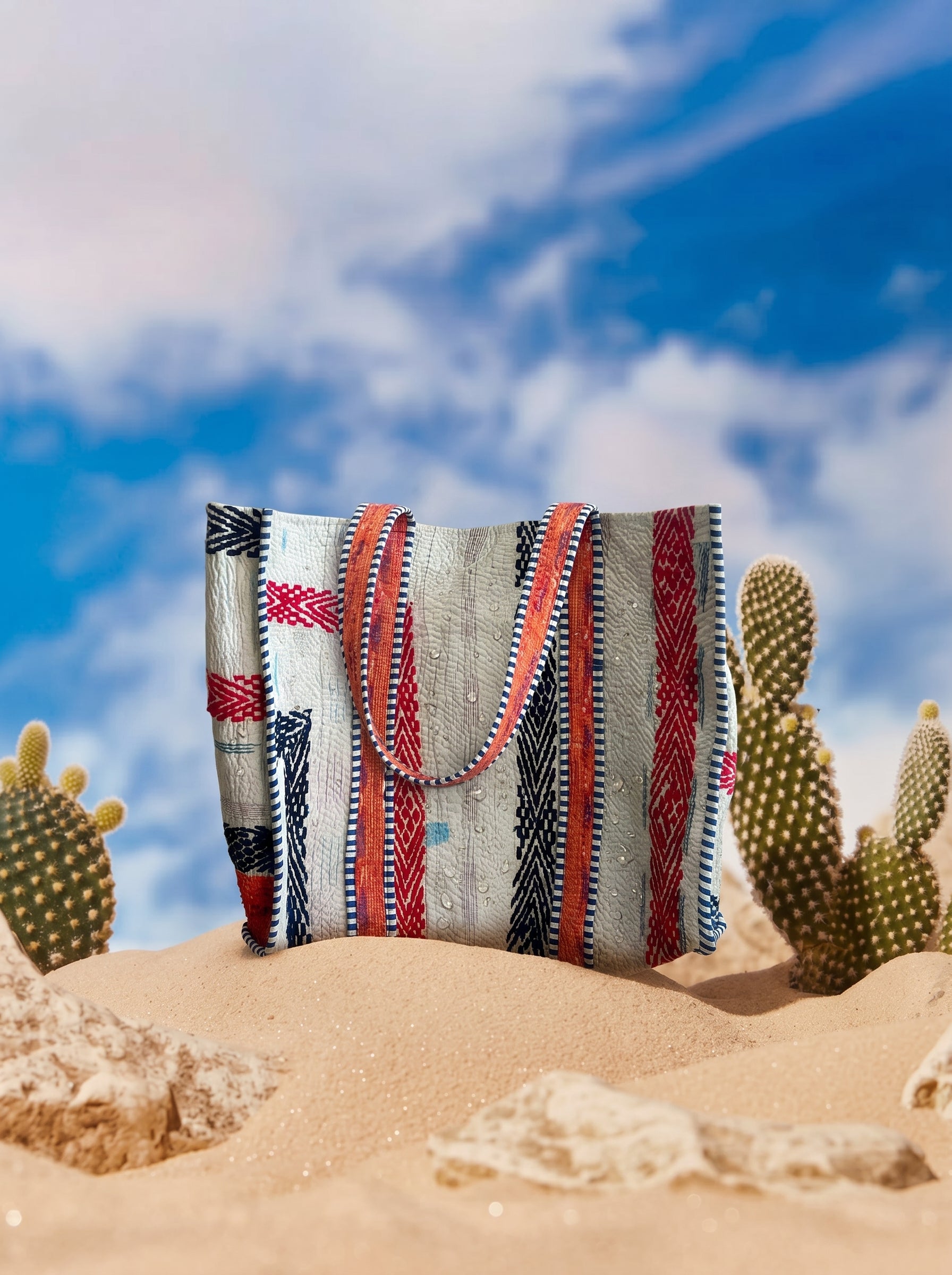 Ivory Stripe Kantha Patchwork Tote Bag