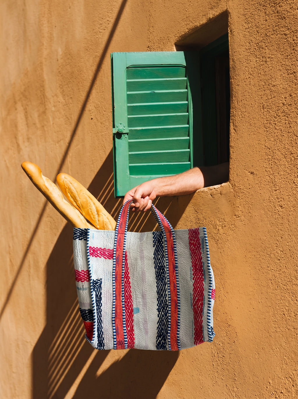 Ivory Stripe Kantha Patchwork Tote Bag