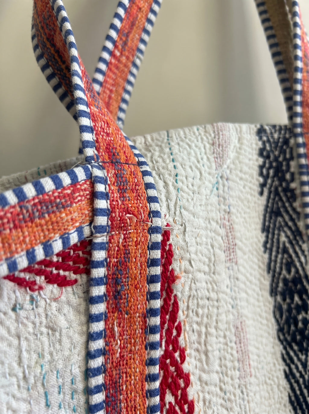 Ivory Stripe Kantha Patchwork Tote Bag
