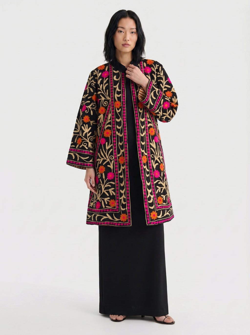 Black Floral Vine Velvet Suzani Coat