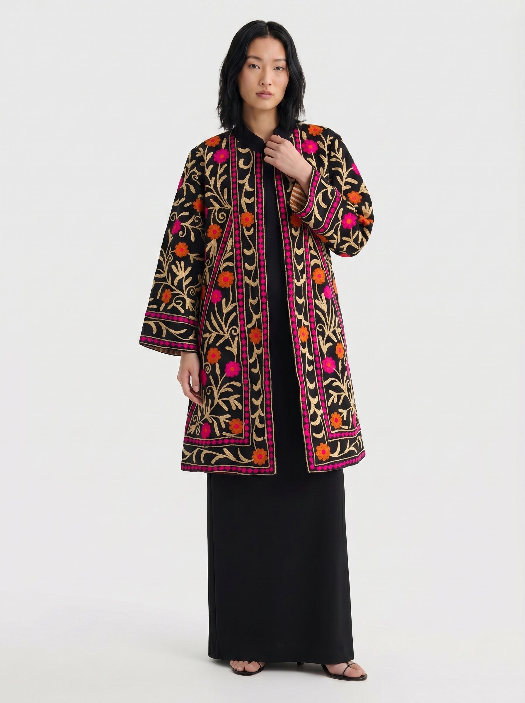 Black Floral Vine Velvet Suzani Coat