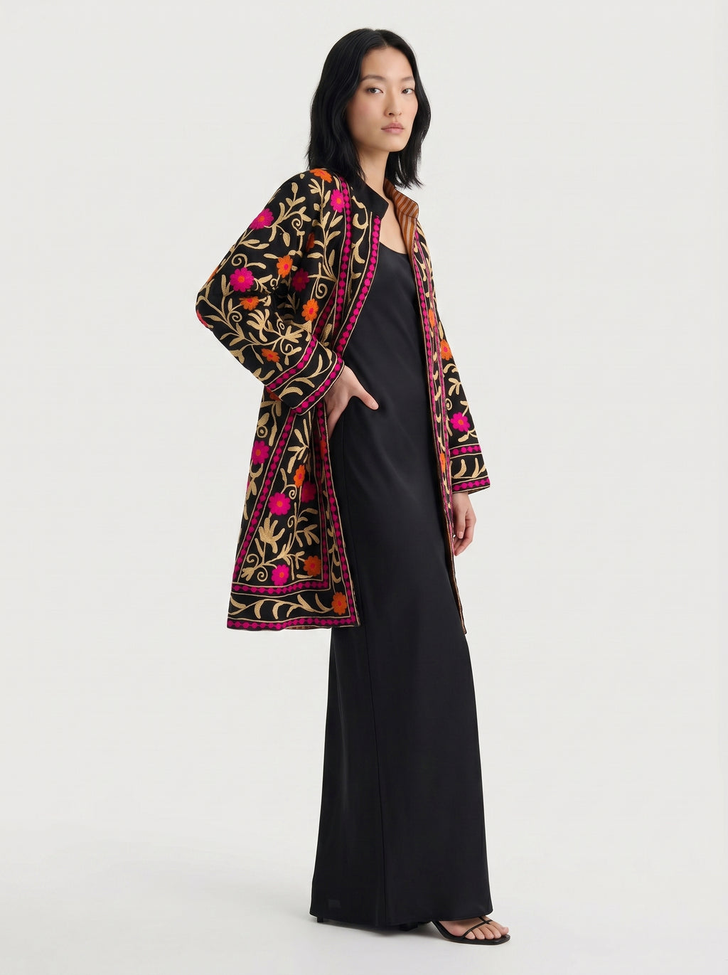 Black Floral Vine Velvet Suzani Coat