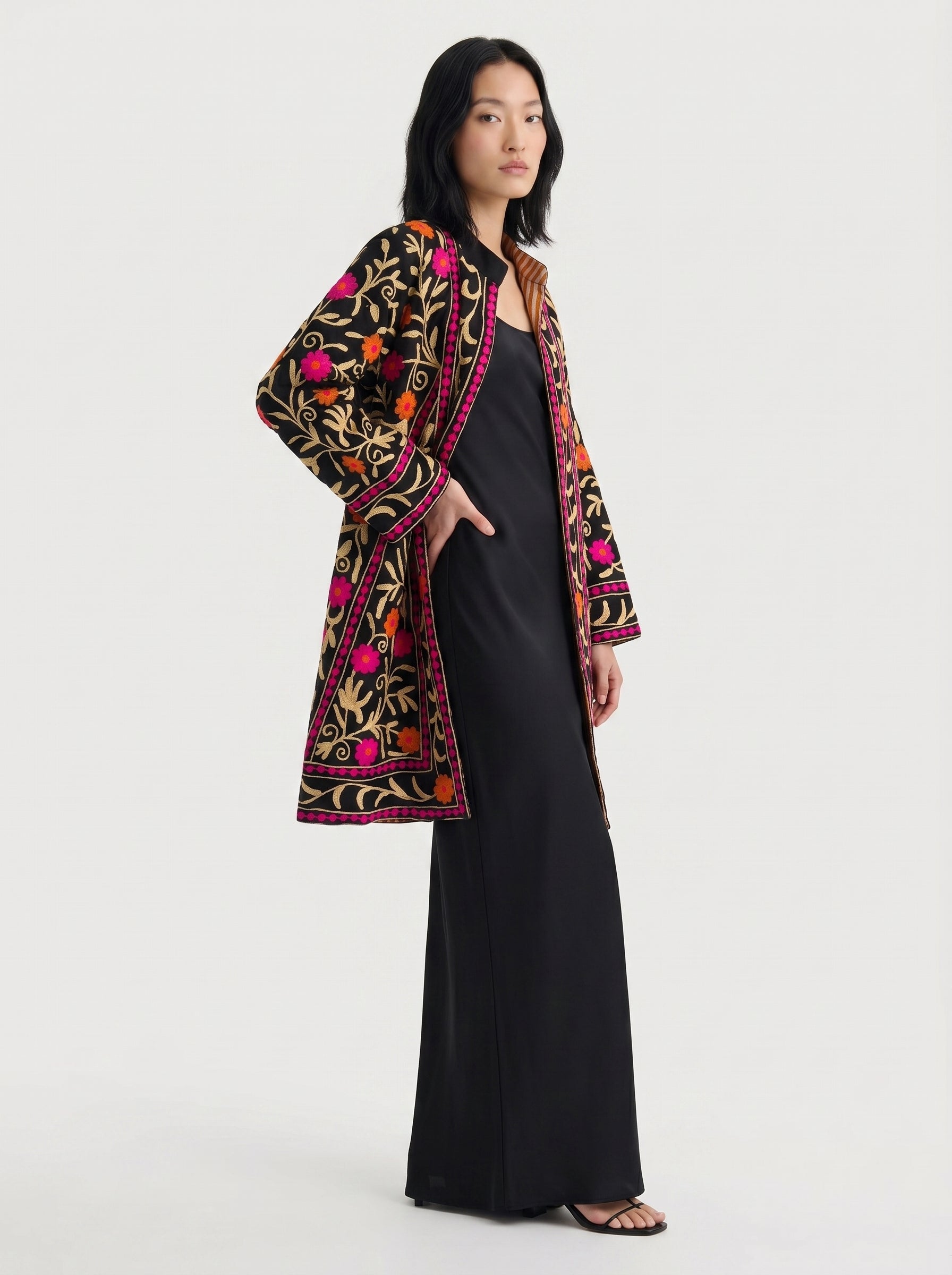 Black Floral Vine Velvet Suzani Coat