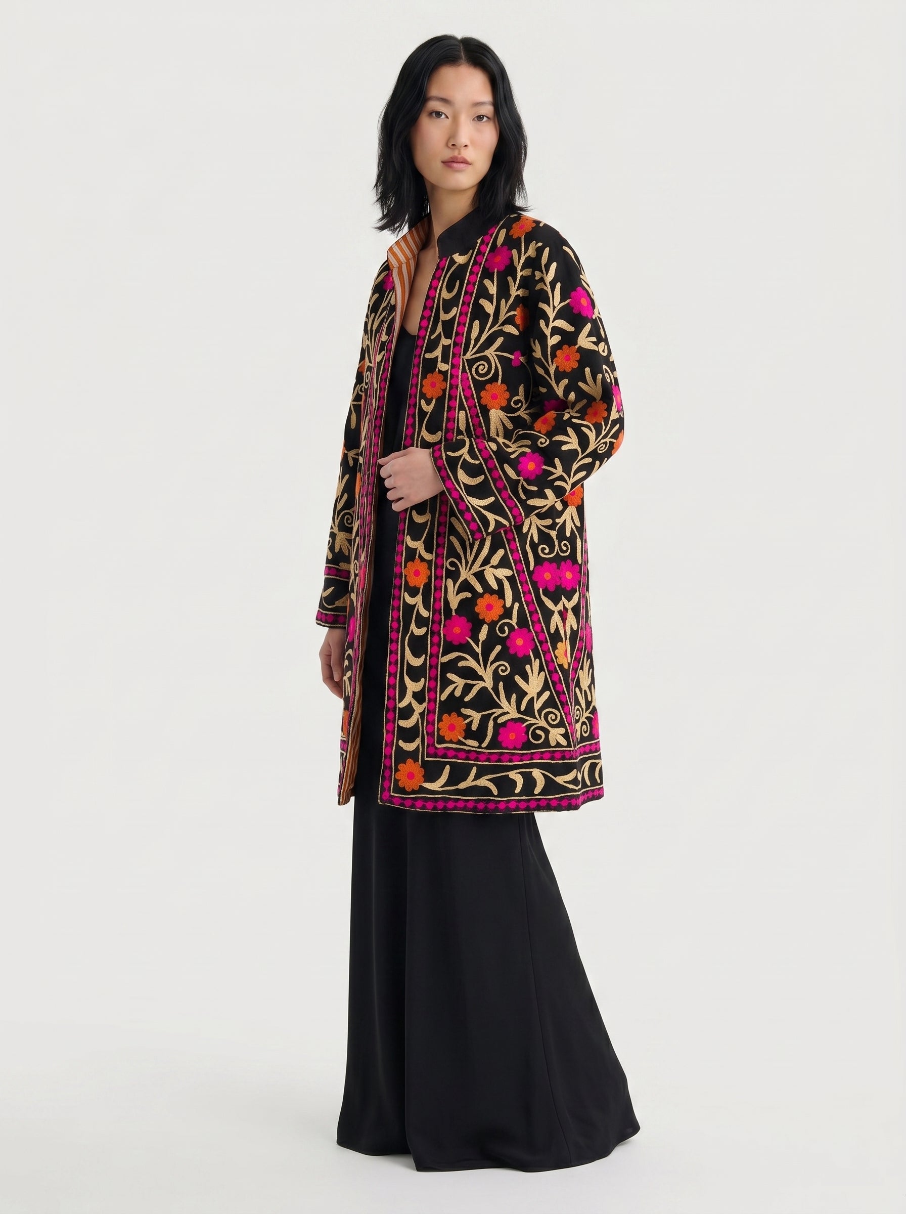 Black Floral Vine Velvet Suzani Coat