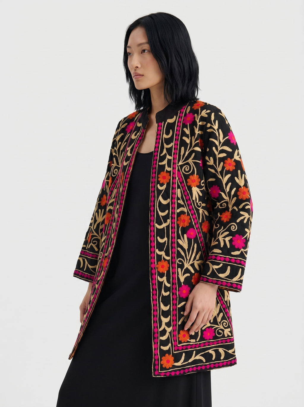 Black Floral Vine Velvet Suzani Coat