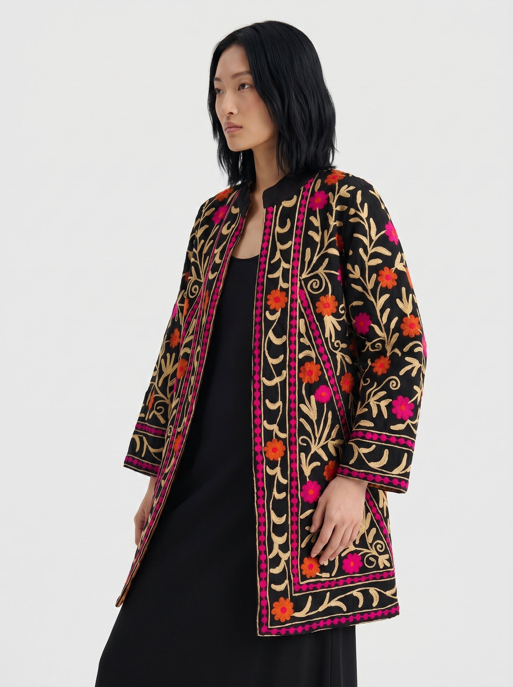Black Floral Vine Velvet Suzani Coat