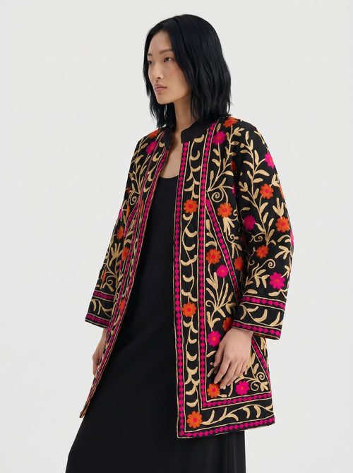 Black Floral Vine Velvet Suzani Coat