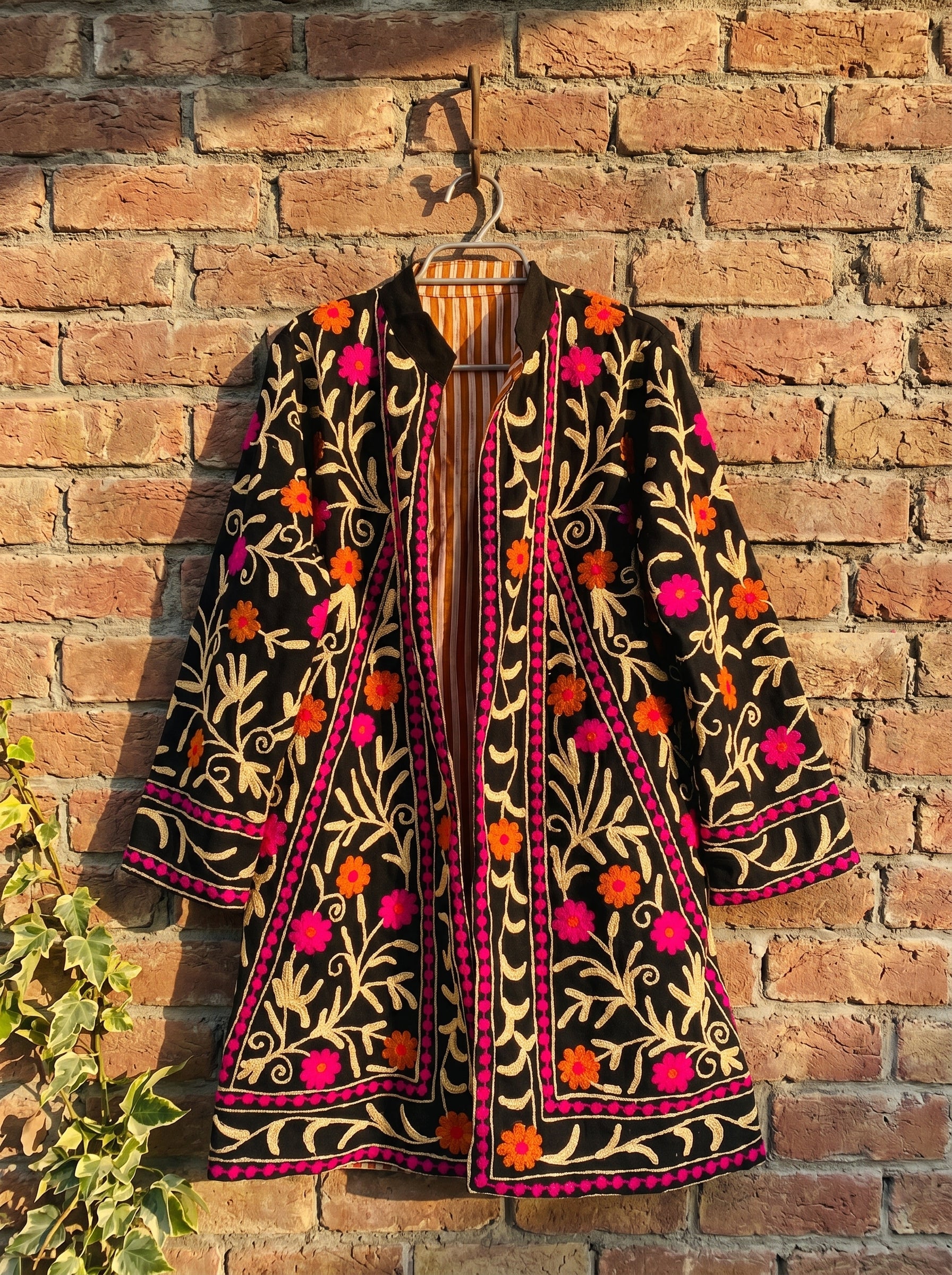 Black Floral Vine Velvet Suzani Coat