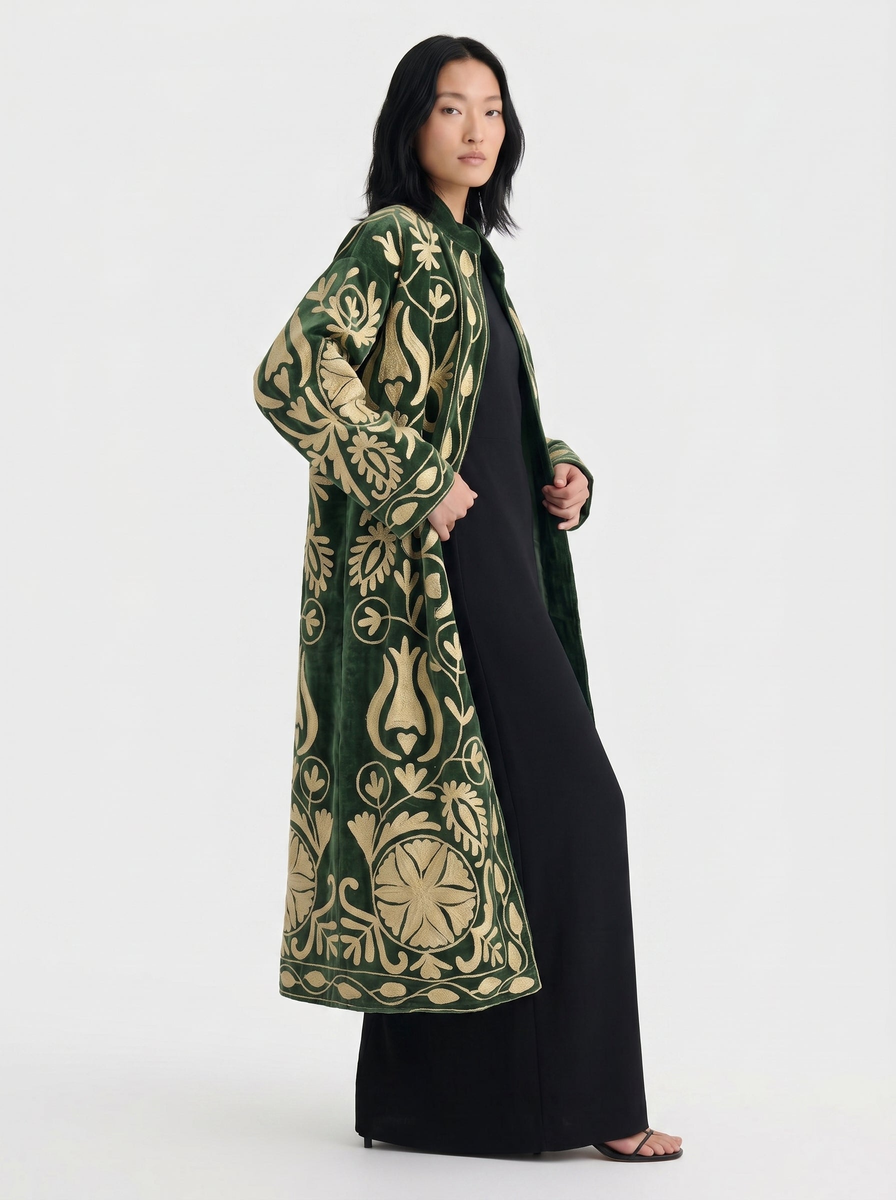Forest Green Tulip Velvet Suzani Coat