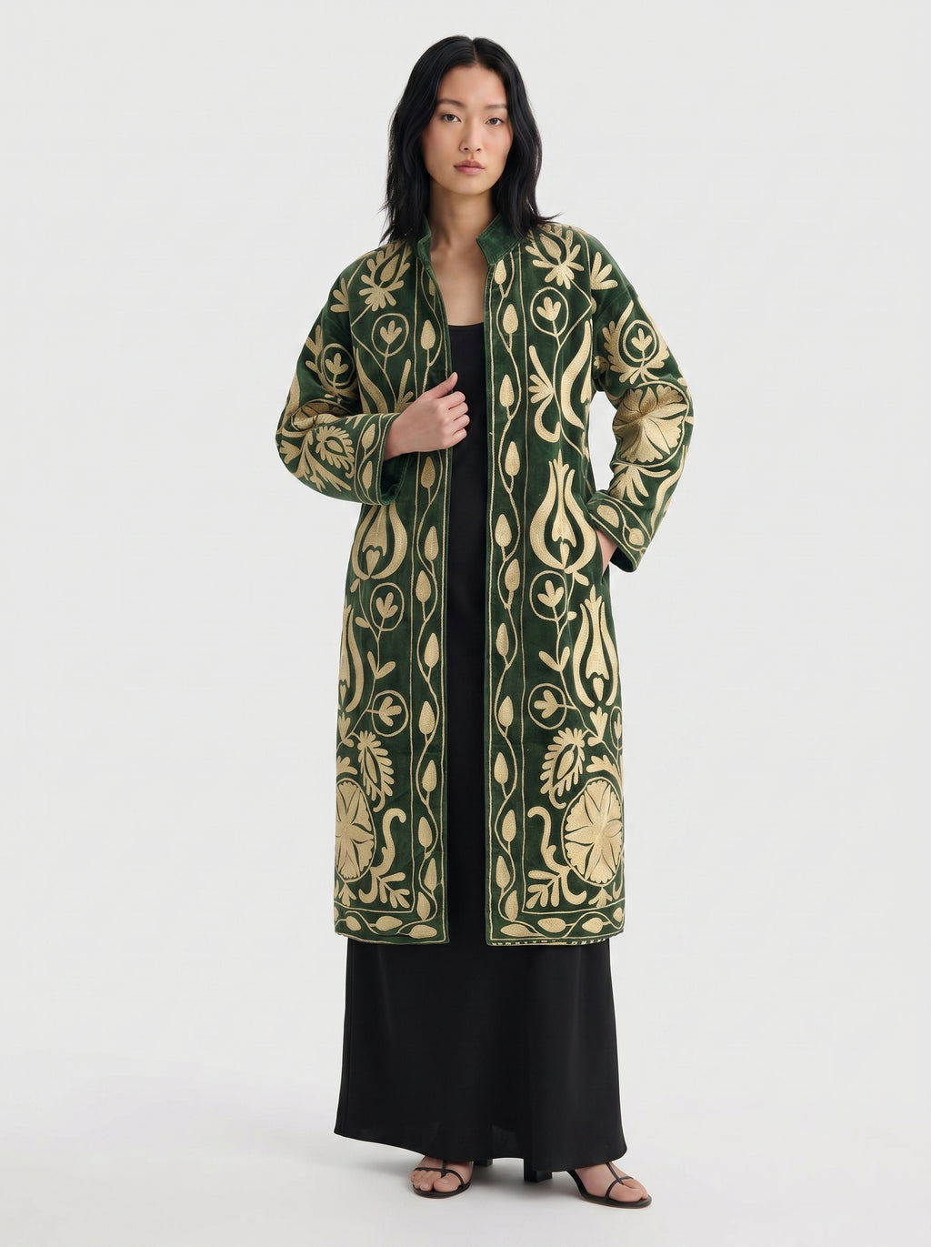 Forest Green Tulip Velvet Suzani Coat